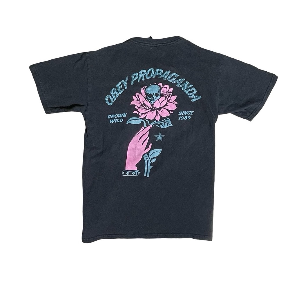 Obey Propaganda Skull Flower Graphic T Shirt Black Women Small Streetwear Punk